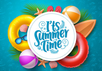 Wall Mural - Summer time vector banner template. It's summer time typography in white circle space for text with beach elements like floater, surfboard, beach ball and palm leaves in blue pattern background. 