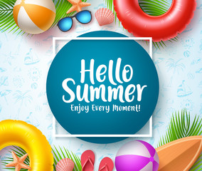 Canvas Print - Hello summer vector banner template. Hello summer typography in blue circle space for text with beach elements like floaters, flip flop, beach ball and palm tree in white pattern background. Vector 