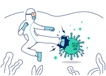 Vector Illustration Fight Covid Corona Virus, Doctor With Hazmat Protective Suit Flying Kick Fight Virus Concept