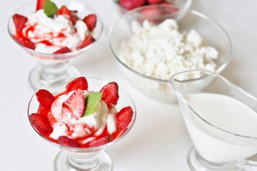 Sticker - cheese cream. whipped curd cream with strawberries. Homemade cottage cheese is whipped with cream.  A useful dessert. life style