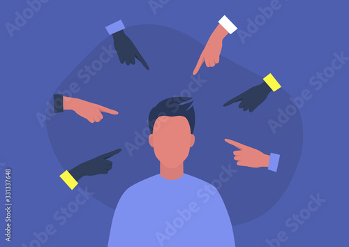 Bullying concept, victim blaming, young male character surrounded by pointing fi Tableau sur Toile