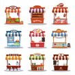 Stall street market vector illustrations. Food market kiosk with fastfood, streetfood, coffee milk or meat hotdog shop. Cartoon fruit vegetable stand, bakery, marketplace with shoes and flowers set