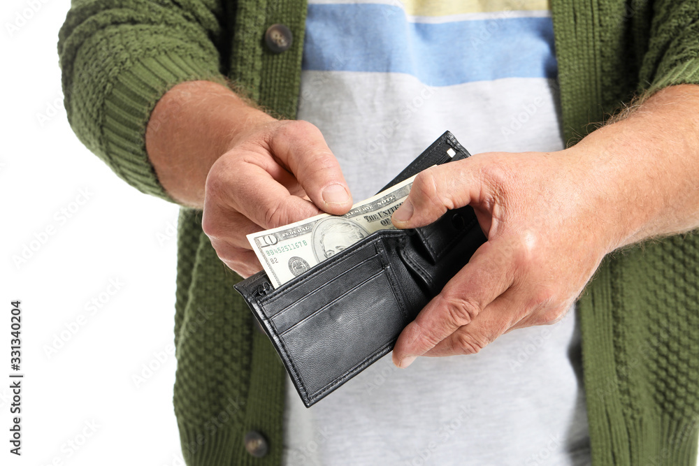 Senior man with purse on white background, closeup