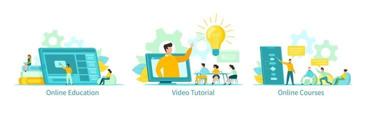 Online education vector illustration, learning people students with tutorials, courses set. Educational programs remotely by internet using computer, phone, tablet. Video lectures, online school