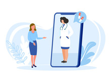 Doctor Online Vector Illustration Isolated. Female Doctor Consults Patient Online From Smartphone Screen And Advises Drugs Pills For Treatment. Health Care, Medical Assistance Remotely Via Internet.