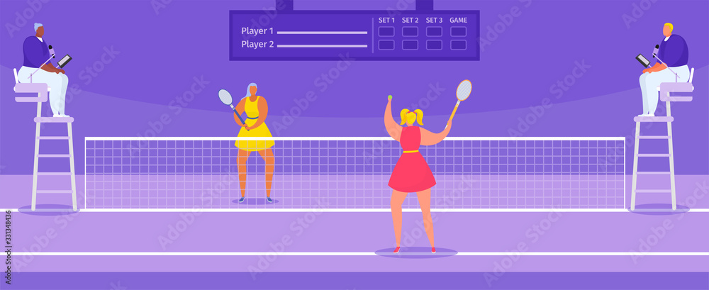 Tennis championship players athletes with tennis racket and judges, sport tournament vector illustration. Big professional tennis sportive game champions playing, competition. - obrazy, fototapety, plakaty 