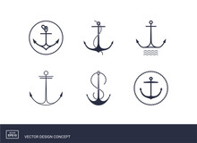 Set Of Anchor Emblems. Modern Minimal Flat Design Style. Simple Logotype Template. Vector Illustration.