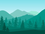 Fototapeta Las - Vector illustration of a mountain landscape with a forest. Flat cartoon green color illustration for hike, track, camp. Outdoor and hiking concept. Template with mountains and trees silhouette.