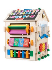 Wooden eco-friendly busy board  house- educational toy for children, babies on a white isolated background, magnetic board with magnets letters and numbers. 