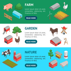 Poster - Farm Rural Concept Banner Horizontal Set 3d Isometric View. Vector