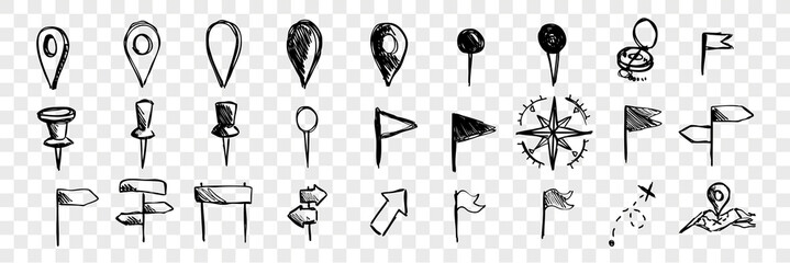 Hand drawn logistic navigation icons, doodle set collection