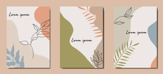 Wall Mural - Modern abstract background with minimalism. Calm, pastel colors in brown tones. Plant elements. Wedding invitation design. Graphic design geometric shape. Creative vector concept.