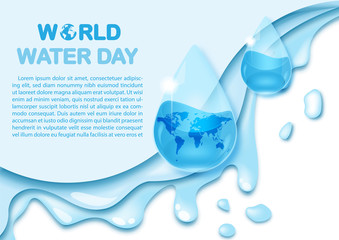 Wall Mural - World water day wording with example texts and world map in water droplet glass style on water pattern and white background.