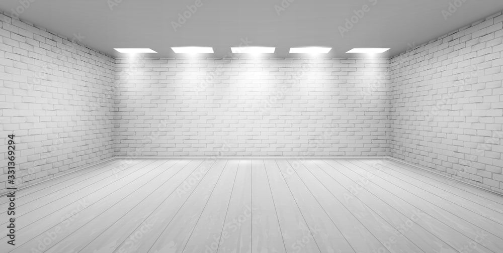 Empty room with white brick walls, wooden floor and ceiling lamps. Vector realistic 3d interior of studio, modern museum or gallery hall. Template showroom for exhibition in loft style - obrazy, fototapety, plakaty 