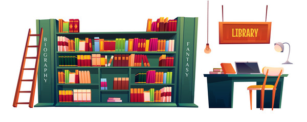 Wall Mural - library with books on shelves and laptop on table. vector cartoon illustration of school, university