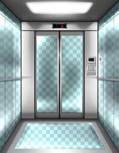 Empty Glass Elevator Cabin With Transparent Walls, Floor And Closed Doors. Vector Realistic Interior Of Passenger Lift With Buttons Panel And Digital Display With Arrows Up And Down In Office Building