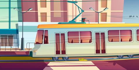 Wall Mural - Tram riding on city street. Trolley car with driver on cityscape background, road with rails, buildings, traffic light, pedestrian crosswalk. Urban commuter and tramway railway track, cartoon vector