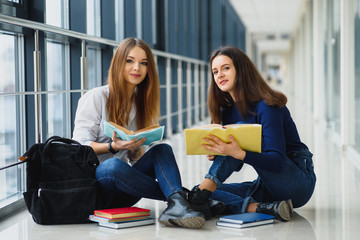 Wall Mural - Female students sitting on the floor and reading notes before exam