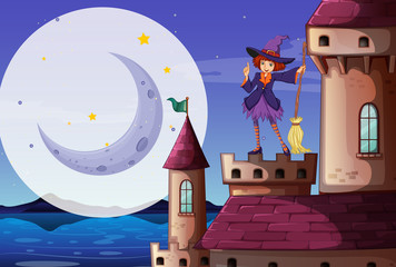 Poster - Scene with cute witch with broom standing on the castle tower