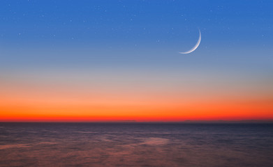 Poster - Ramadan Kareem background -Crescent, stars and sea sunset with lot of stars