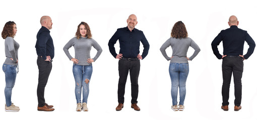 full portrait of a couple from behind, front and profile on white