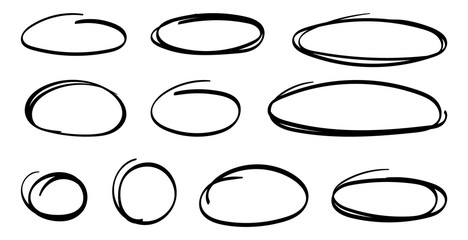 hand drawn ovals. highlight circles set. line art