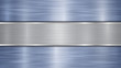 Background consisting of a blue shiny metallic surface and one horizontal polished silver plate located centrally, with a metal texture, glares and burnished edges