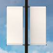 © Виктор Рак - Empty Double Lamp Post Banners on Sky Background. Standard Size of Canvas. Realistic 3D MockUp.