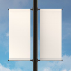 empty double lamp post banners on sky background. standard size of canvas. realistic 3d mockup.