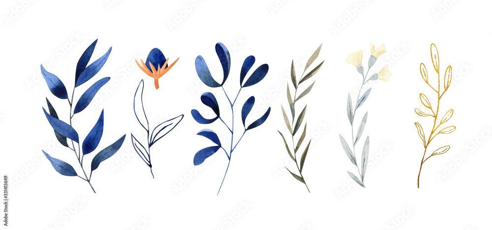 Hand painted watercolor illustration - classic blue and gold leaves ...