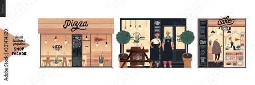 Facades Small Business Graphics Modern Flat Vector Concept Illustrations Pizza House Front Craft Beer Pub Cake Shop Owners Wearing Aprons In Front Of The Entrance Interior Seen From The Outside Vector De Facades Small Business Graphics Modern Flat Vector Concept Illustrations Pizza House Front Craft Beer Pub Cake Shop Owners Wearing Aprons In Front Of The Entrance Interior Seen From The Outside Vector De