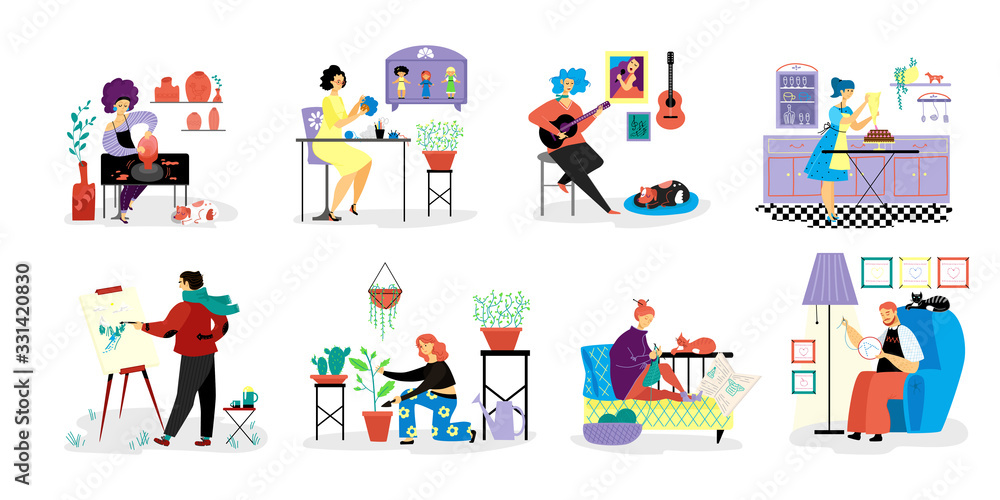 People do creative artistic hobbies on vector hand drawn hobby illustration isolated on white. Person do favorit hobbies, draw, play guitar, embroider, knit, grow plants, do pottery, sew toys, cooking - obrazy, fototapety, plakaty 