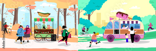 Food Truck In Park Vector Illustration Cartoon Person Eat Street Food From Hot Dog And Ice Food Truck In Park Vector Illustration Cartoon Person Eat Street Food From Hot Dog And Ice