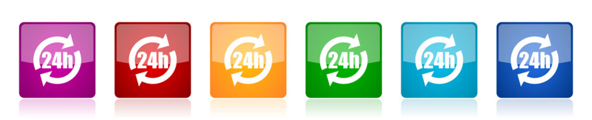 Aufkleber - 24h icon set, colorful square glossy vector illustrations in 6 options for web design and mobile applications