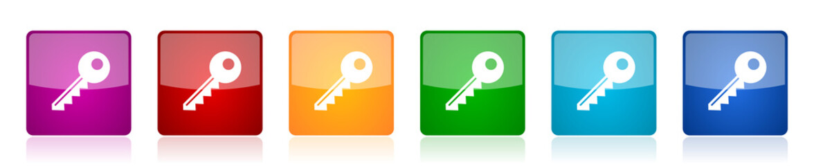 Aufkleber - Key icon set, colorful square glossy vector illustrations in 6 options for web design and mobile applications