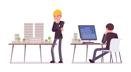 Architect man, professional creating design for buildings at work. Male worker with architectural house scale model, planning industrial exterior at computer. Vector flat style cartoon illustration