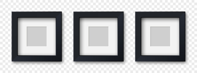 Wall Mural - Mockup three realistic square picture or photo frame black color isolated on transparent background for your design. Vector illustration EPS10
