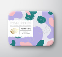 Wall Mural - Nuts Bath Cosmetics Package Box. Vector Wrapped Paper Container with Care Label Cover. Packaging Design. Modern Typography and Hand Drawn Almond. Abstract Camo Background Pattern Layout.