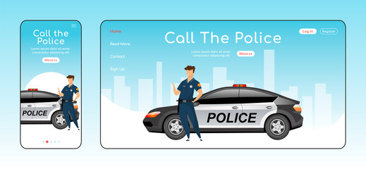 Wall Mural - call police responsive landing page flat vector template. civil service homepage layout. one page we