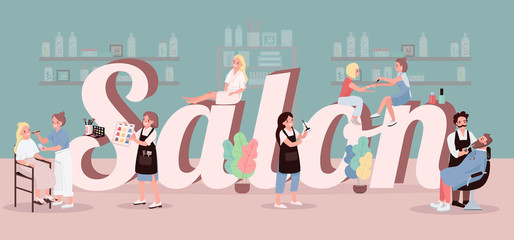 Wall Mural - salon word concepts flat color vector banner. spa center treatment. hair coloring. applying make up.