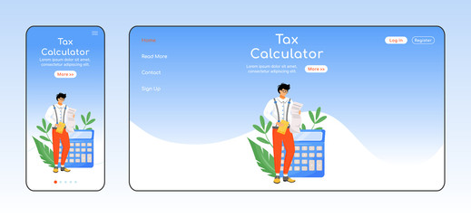 Wall Mural - Tax calculator adaptive landing page flat color vector template. Bills payment mobile and PC homepage layout. Taxpayers tool one page website UI. Financial literacy webpage cross platform design