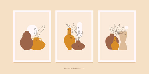 Fototapete - Set of compositions with exotic palm leaves and abstract vases. Trendy collage for design in an ecological style. Minimalist shapes in pastel colors on a light isolated background.
