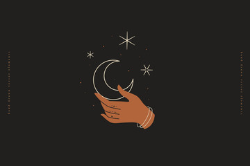 Poster - Female hand keeps crescent moon on background of starry dark sky. Magic vector illustration in a trendy minimalist style. Mystical symbols for spiritual practices, ethnic magic and astrological rites.
