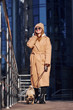 © standret - Woman in warm clothes have a walk with her little pug dog near business building that on background and talking by phone