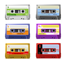 Collection Of Six Colorful Plastic Audio Cassette Tape. Set Of Different Color Music Tapes. Set Of Retro Audio Cassettes, Pop Art Style. Vector Image.