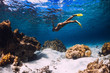 © artifirsov - Woman freediver swimming over with yellow fins in ocean. Freediving or snorkeling in Mauritius