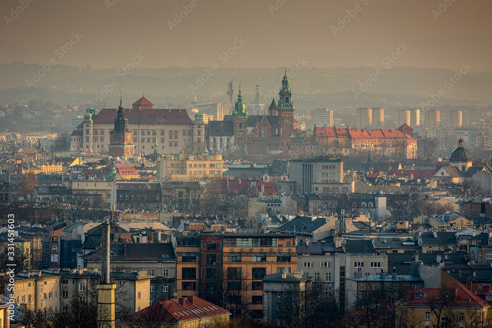 View of the Cathedral and adoining buildings within the Wawel Royal Castle complex on Wawel Hill in Krakow, Poland - obrazy, fototapety, plakaty 