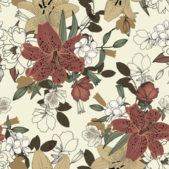 Wall Mural - Floral seamless pattern with lilies, amelia, rhododendron, leaves for surface design