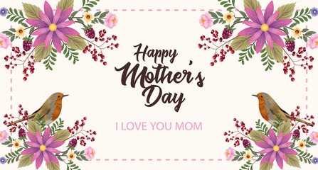 Sticker - happy mothers day card with flowers and bird