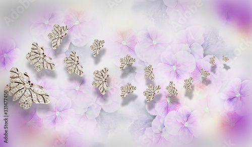  Fototapeta kwiaty   3d-tapety-fioletowy-kwiat-labedz-motyl-bizuteria-tlo